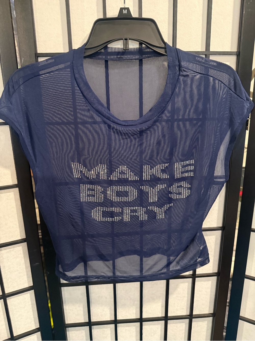 SHEIN Navy Sheer Graphic Tee with Rhinestone Slogan (G1)